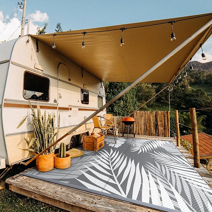 GENIMO Outdoor Rug 10' x 10' Waterproof for Patios Clearance, Reversible Outdoor Plastic Straw Camping Rug Carpet, Large Area Rugs Mats for RV, Camper, Deck, Balcony, Porch, Beach, Picnic, Grey&White