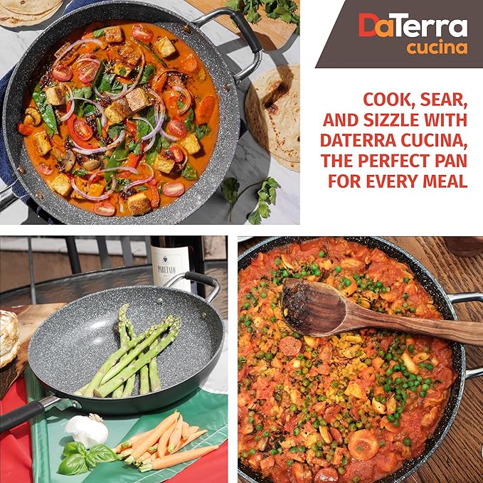 DaTerra Cucina - 13" Nonstick Ceramic Frying Pan - Made in Italy - Oven Safe - High Heat Resistant Nonstick Cookware - PTFE, Cadmium, Lead & PFOA free - Volcanic Black Speckled