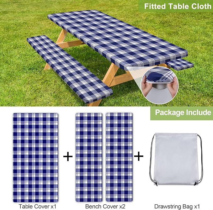 Picnic Table Cover with Bench Covers Camping Essentials Waterproof Windproof Camping Tablecloth with Drawstring Bag, Fitted Rectangle Tables and Seats, 96in, Blue Checkered