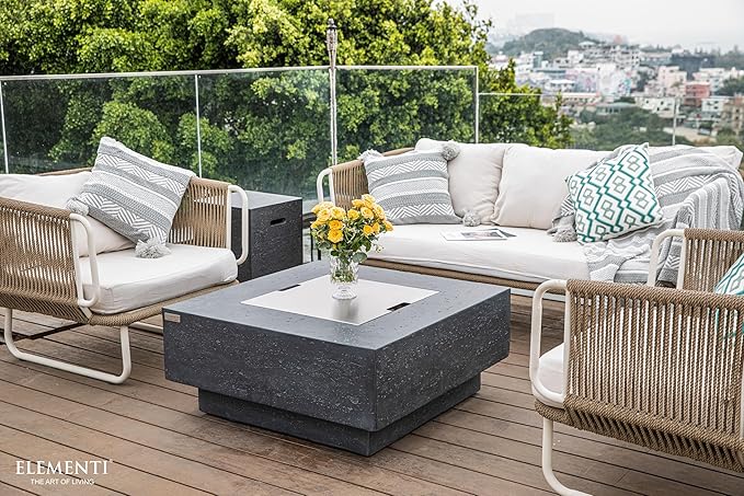 Elementi | Bundle Manhattan Gas Fire Pit Cast Concrete 36" Square Fire Table, Outdoor Fire Pit Electronic Ignition | Canvas Cover, Lava Rock Included | Dark Gray (Natural Gas)