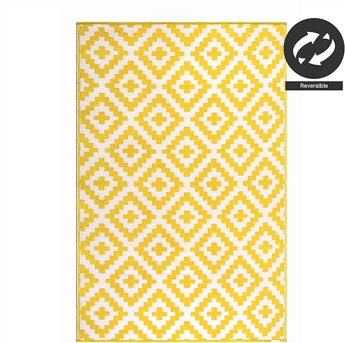 FH Home Outdoor Camping Rug - Waterproof, Fade Resistant, Reversible - Premium Recycled Plastic - Geometric - Picnic, Patio, Deck, Sunroom, RV - Aztec - Yellow & White - 4 x 6 ft Foldable