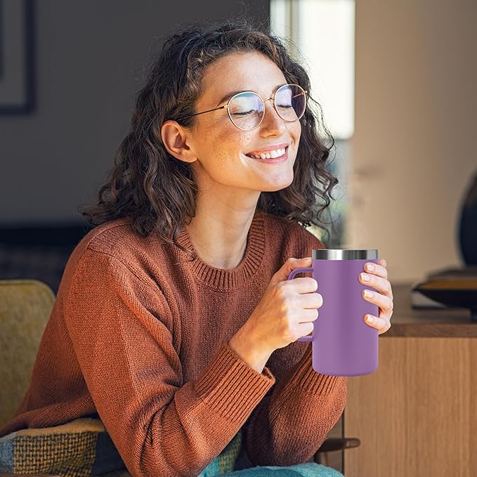 DOMICARE 24oz Mug with Handle and Lid, Stainless Steel Coffee Mug, Travel Mug with Handle, Double Wall Vacuum Coffee Tumbler, Reusable Insulated Cup, Dark Purple, Pack 8
