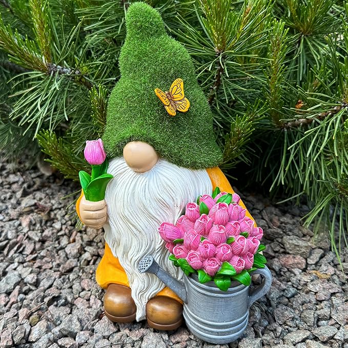 Mood Lab Garden Gnome - Solar Gnome Figurine with Tulips - 9.45 Inch Tall Flower Decor Outdoor Lawn Statue with LED Lights in Tulips