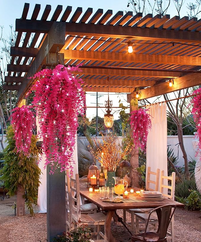 Hanging Geenery Faux Hanging Plants Outdoor Wall Decor Hanging Monkey Grass Artificial Hanging Plants Indoor Plastic Plants for Indoor Bedroom Wall Decoration Outdoor Porch Wedding Decor(Pure Fuchsia)