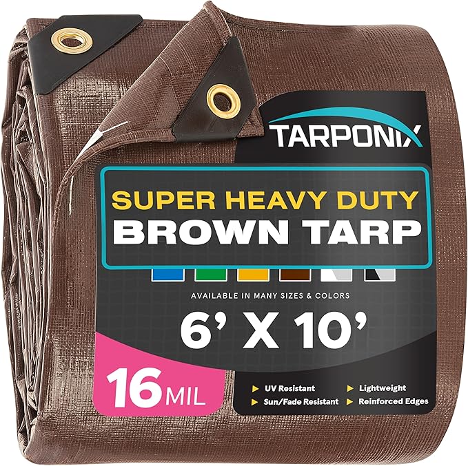Super Heavy-Duty Brown Tarp 6' x 10' – 16 Mil Thick, All-Weather Waterproof Cover with Reinforced Edges and Sturdy Grommets