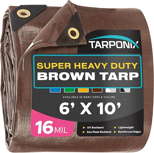 Super Heavy-Duty Brown Tarp 6' x 10' – 16 Mil Thick, All-Weather Waterproof Cover with Reinforced Edges and Sturdy Grommets