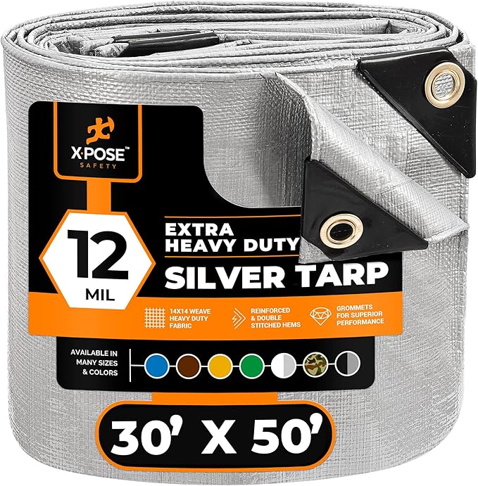 Heavy Duty Silver Poly Tarp 30' X 50' - Multipurpose Protective Cover - Durable, Waterproof, Weather Proof, Rip and Tear Resistant - Extra Thick 12 Mil Polyethylene - by Xpose Safety