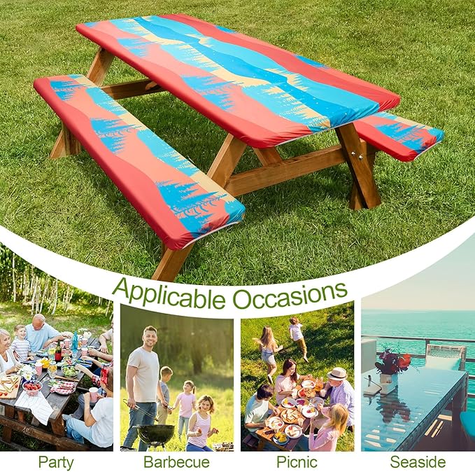 Picnic Table Cover with Bench Covers Camping Essentials Waterproof Windproof Camping Tablecloth with Drawstring Bag, Fitted Rectangle Tables and Seats, 60in, Red Blue