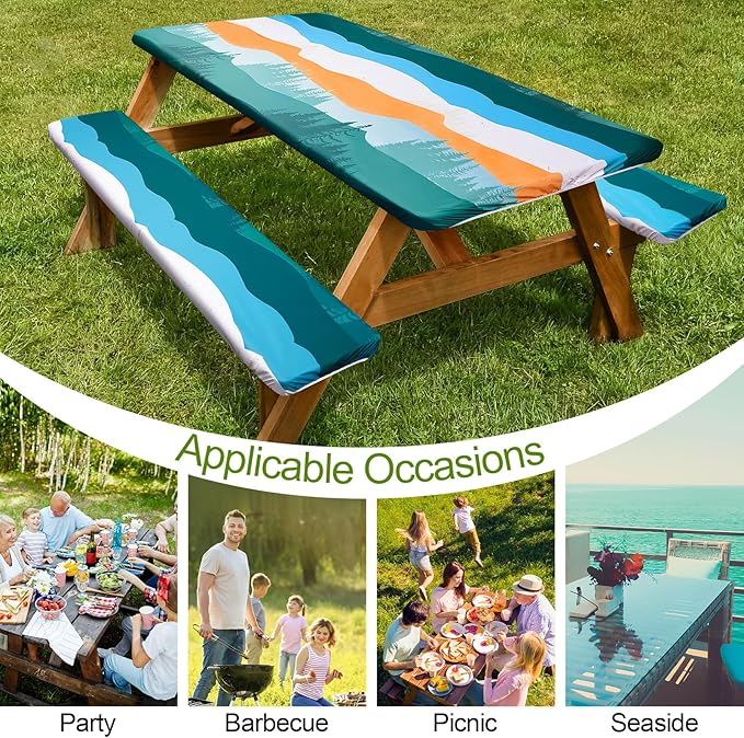 Picnic Table Cover with Bench Covers Camping Essentials Waterproof Windproof Camping Tablecloth with Drawstring Bag, Fitted Rectangle Tables and Seats, 60in, Orange Blue