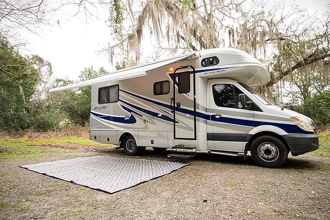 Premium Outdoor RV Patio mat Sizes 8' x 12', 8' x 16', 8' x 20', Made from 100% Recycled Plastic for Tents, Decks, Campers, and Beach – with Durable Carry Bag (8x12, Grey Diamond)