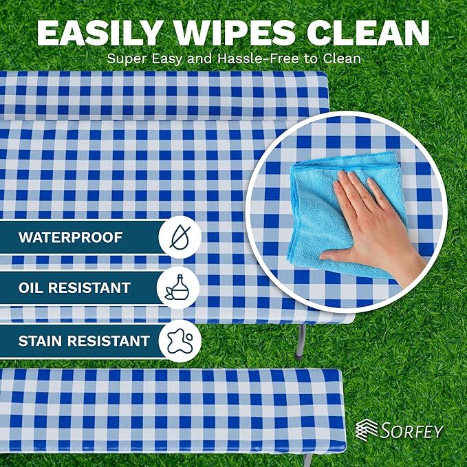 Sorfey Picnic Table Cover with Bench Covers -Fitted with Elastic, Vinyl with Flannel Back, Fits for Table 30"x 72" Rectangle,Water Proof, Solid Grey Design