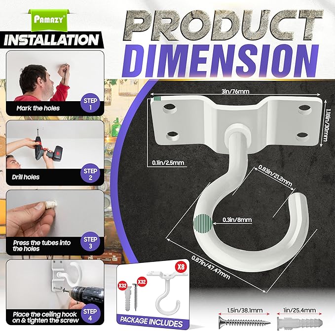 [Upgraded] 200LBS 8Pcs Rotatable Ceiling Hooks with 4 Screw Points Plate Base, White Wall Mount Metal Hanger for Hanging Plants, Bird Feeders, Lanterns, Lights, Wind Chimes, Indoor Outdoor Decor