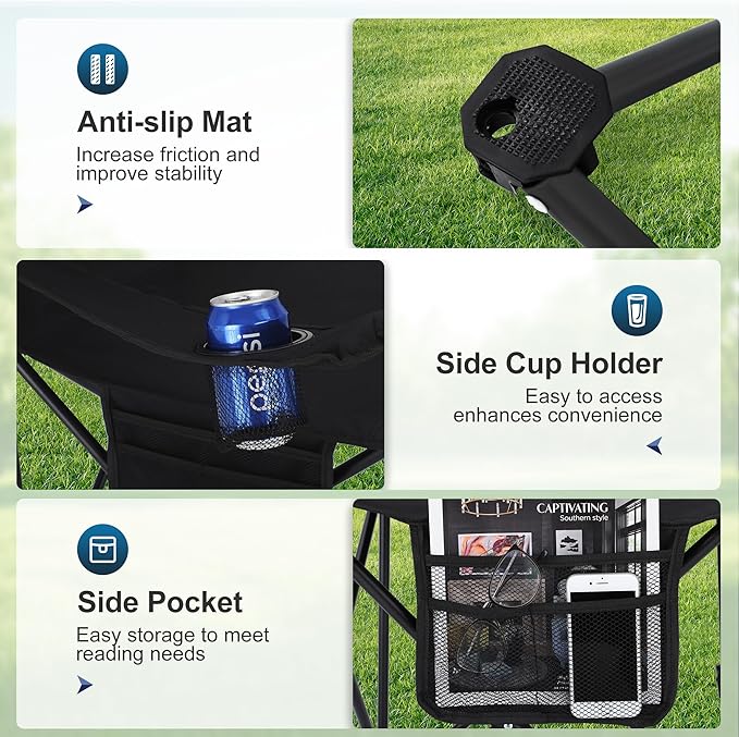 LET'S CAMP Camping Chair 2 Pack Folding Chair with 3-Can Cooler Bag Portable Lawn Chair with Cup Holder,Storage Pocket, Supports 225LBS, Collapsible Chair for Camp, Beach, Picnic (Black)