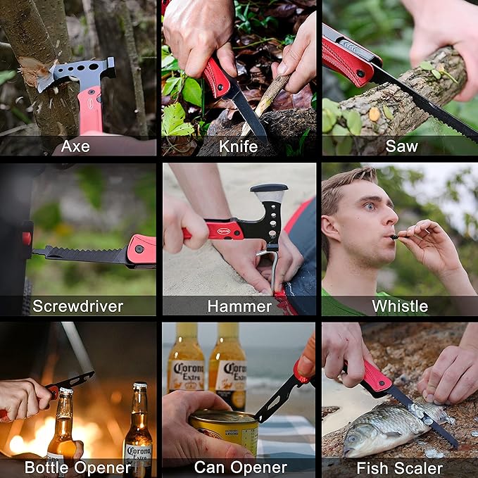 RoverTac Camping Hatchet Multitool Axe Survival Gear, 14-in-1 Multi Tool Axe Hammer Knife Saw Bottle Opener Fire Starter Whistle, Gifts for Men Dad Him, Perfect for Camping Survival Hiking Fishing
