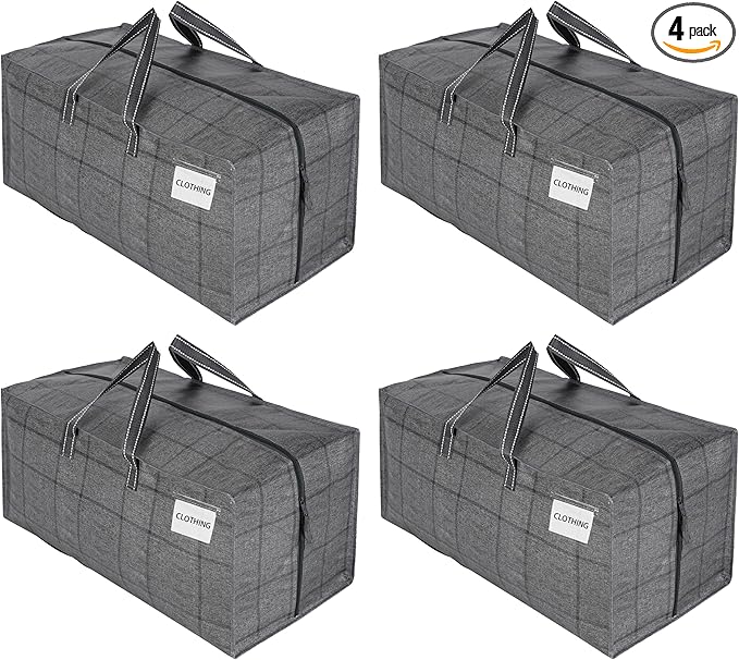 VENO 4 Pack Moving Bags w/Backpack Straps, Heavy Duty, Moving Boxes Alternative, Packing Supplies, Large Storage Totes for Dorm Room Essentials with Zipper for Clothes (Windowpane, 4 Pack)