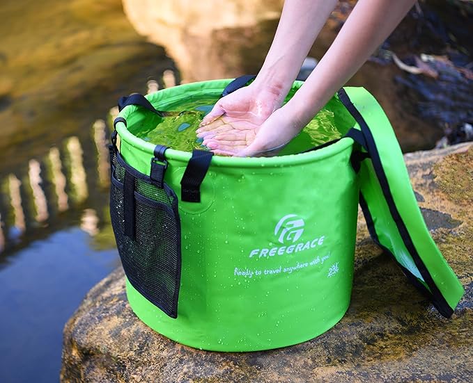 Premium Collapsible Bucket by Freegrace - Compact Portable Folding Water Container - Lightweight & Durable - Includes Handy Tool Mesh Pocket