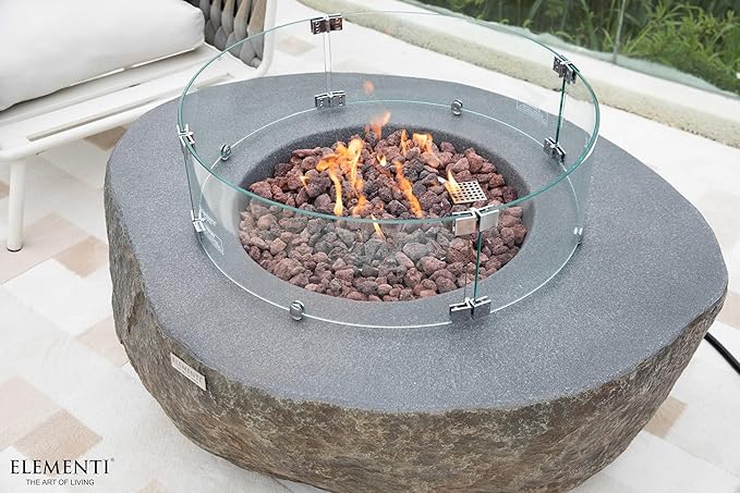 Elementi | Bundle Boulder Gas Fire Pit Cast Concrete Semi-Round Fire Table, Outdoor Fire Pit Electronic Ignition | Canvas Cover, Lava Rock Included | Natural Gas