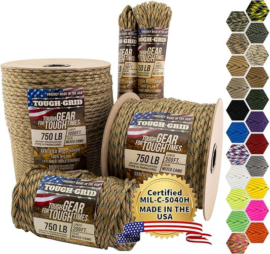 TOUGH-GRID Paracord Rope 750 lbs Nylon Parachute Cord, Made in USA Survival Kit, Outdoor Adventures, Camping, Tactical Gear & Emergency Supplies, Military Type IV Mil-Spec