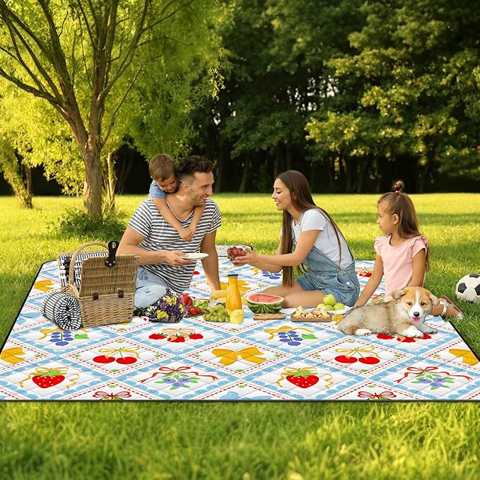 Extra Large Picnic Blanket Waterproof,80"x 80"Foldable Machine Washable Beach Blanket,Outdoor Blanket for 6-8 Adults,Suitable for Indoor Crawling,Park Beach,Camping,Hiking,Family Travel(Fruit)