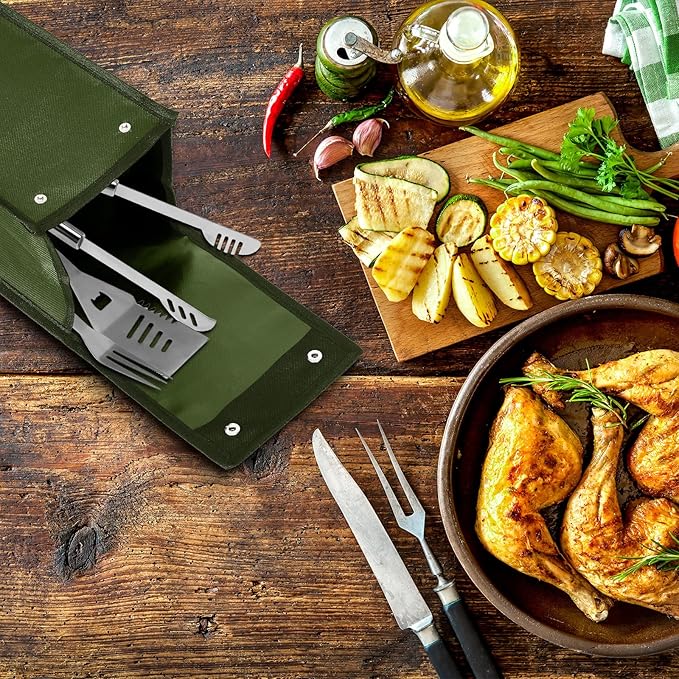 Grill Utensil Storage Bag BBQ Tool Storage Bags Barbecue Hardware Tool BBQ Utensil Holder Pouch Oxford Cloth Accessory Foldable for Camping Hiking(2 Pcs,Army Green)