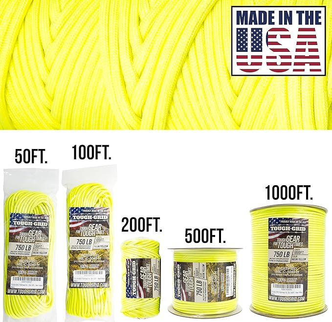TOUGH-GRID Paracord Rope 750 lbs Nylon Parachute Cord, Made in USA Survival Kit, Outdoor Adventures, Camping, Tactical Gear & Emergency Supplies, Military Type IV Mil-Spec
