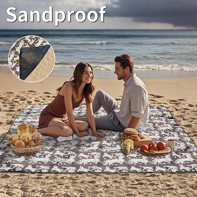 Outdoor Picnic Blanket Brown Cat&Dog 80"x80" Large Sandproof Beach Blanket Waterproof Picnic Blankets Foldable for Caming, Beach, Outdoor Activities.