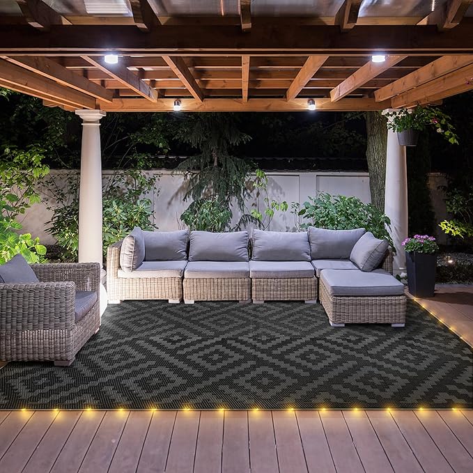 GENIMO Outdoor Rug with LED Strip Lights, 9'x12' Waterproof Camping Mat, Reversible Plastic Straw Rugs for Patio, RV, Camper, Balcony, Backyard, Picnic, Deck, Black & Gray