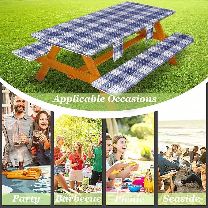 Fitted Picnic Table Cover with Bench Covers Waterproof Elastic Edges Rectangle Patio Tablecloth Outdoor Camping Essentials Stuff Rv Accessories Summer Trip Travel Camper Gifts for Woman Men, 96in 8 ft