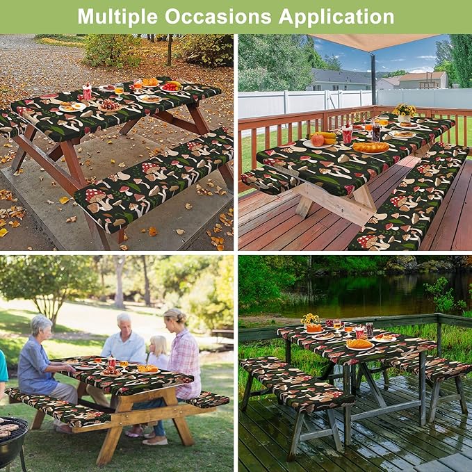 Picnic Table Cover with Bench Covers Camping Essentials Waterproof Windproof Camping Tablecloth with Drawstring Bag, Fitted Rectangle Tables and Seats, 72in, Black Red