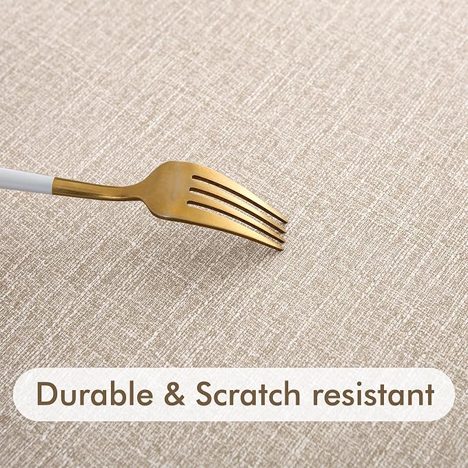 Fitable 4 Pack Vinyl Fitted Round Table Cover with Elastic- Waterproof Faux Linen Tablecloth Flannel Backed Wipeable Table Cloth for Picnic Camping, Nature (Fit for 36"-44" Round Tables)