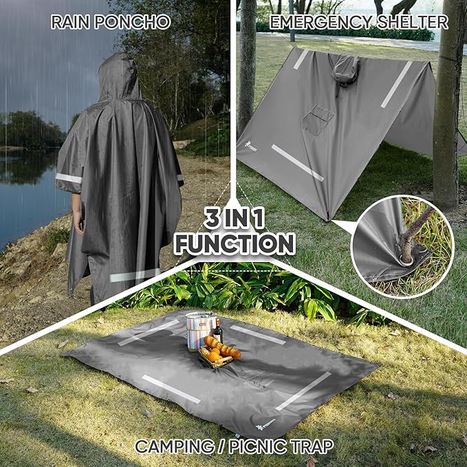 PTEROMY Hooded Rain Poncho for Adult with Pocket, Waterproof Lightweight Unisex Raincoat for Hiking Camping Emergency
