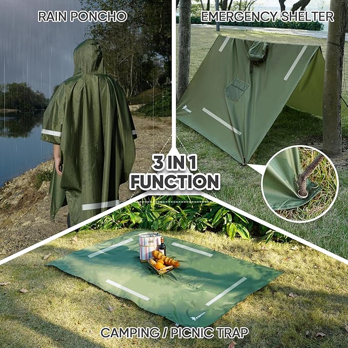 PTEROMY Hooded Rain Poncho for Adult with Pocket, Waterproof Lightweight Unisex Raincoat for Hiking Camping Emergency