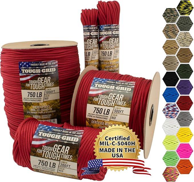 TOUGH-GRID Paracord Rope 750 lbs Nylon Parachute Cord, Made in USA Survival Kit, Outdoor Adventures, Camping, Tactical Gear & Emergency Supplies, Military Type IV Mil-Spec