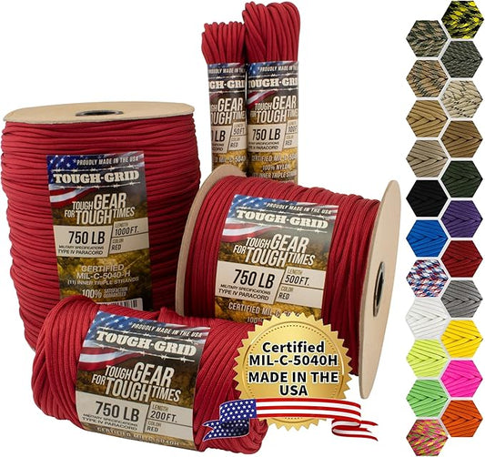 TOUGH-GRID Paracord Rope 750 lbs Nylon Parachute Cord, Made in USA Survival Kit, Outdoor Adventures, Camping, Tactical Gear & Emergency Supplies, Military Type IV Mil-Spec