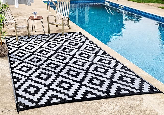 FH Home Outdoor Camping Rug - Waterproof, Fade Resistant, Reversible - Premium Recycled Plastic - Geometric - Large Patio, Deck, Sunroom, RV - Aztec - Black & White - 9 x 18 ft Foldable