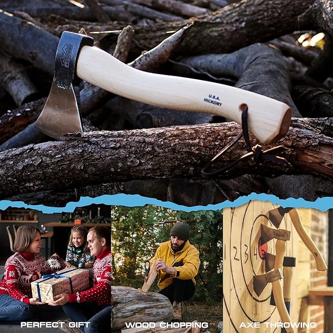 Prandi Axes German C45 Forged Carbon Steel Hatchet - Hickory Handle with Leather String - Ideal for Camping, Travel and Bushcraft - S/N 3.003.08.TH - 15" L x 6.42" W, 800g Polished Head, No Sheath