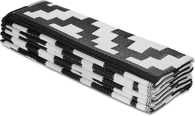 FH Home Outdoor Camping Rug - Waterproof, Fade Resistant, Reversible - Premium Recycled Plastic - Geometric - Large Patio, Deck, Sunroom, RV - Aztec - Black & White - 9 x 12 ft Foldable