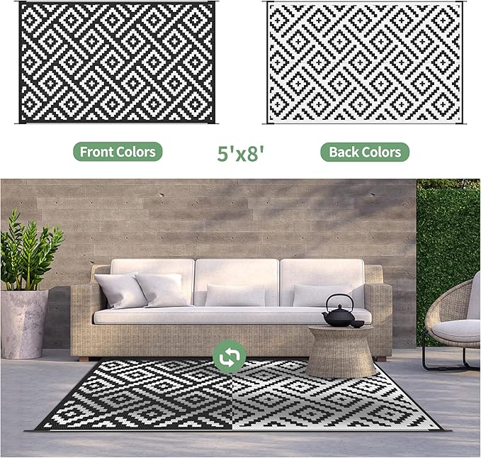 GENIMO Outdoor Rugs 8x10 Waterproof, Reversible Mats, Area Plastic Straw Rug, Outside Carpet, Geometric Rv Mat for Patio Camping Picnic Backyard Deck Balcony Porch Beach Trailer (Black & White)