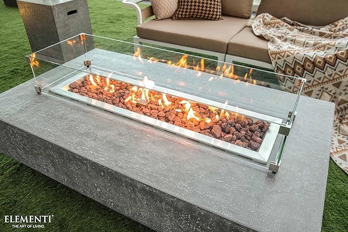 Elementi | Bundle Hampton Gas Fire Pit Cast Concrete 56" Rectangular Fire Table, Outdoor Fire Pit Electronic Ignition | Canvas Cover, Lava Rock Included | Light Gray (Natural Gas)