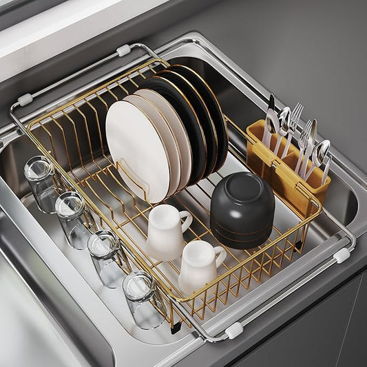 Sink Dish Drying Rack, Expandable Stainless Steel Dish Rack Over Sink, Kitchen Sink Drain Strainer with Cutlery Holder & Cup Holders, Space Saving Plates Dryer Rack, Gold