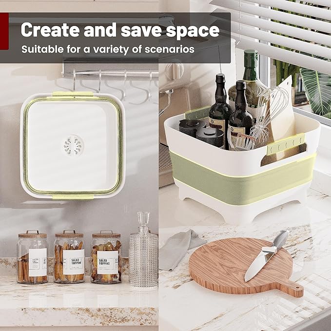 2.4 Gal Collapsbile Wash Basin with Drian Plug,9L Dish Pan for Soaking Baby Bottles,Portable Sink, Multiuse Foldable Bucket,Ice Beverage Tubs for Camping, Vegetable Washing, RV (Green)