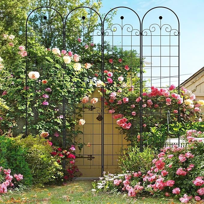 4 Pack Metal Garden Trellis 86.7" H Garden Fence Rustproof Trellis for Climbing Plants Support Roses Flower Outdoor Lawn, Black Galvanized Tube