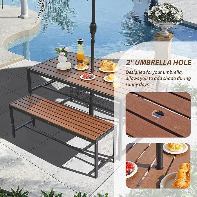 55'' Outdoor Picnic Table and Bench Set with 2" Umbrella Hole and Storage Shelf, Patio Dining Set for 6 People, Outdoor Dining Table and Chair for Garden Yard Porch- Brown