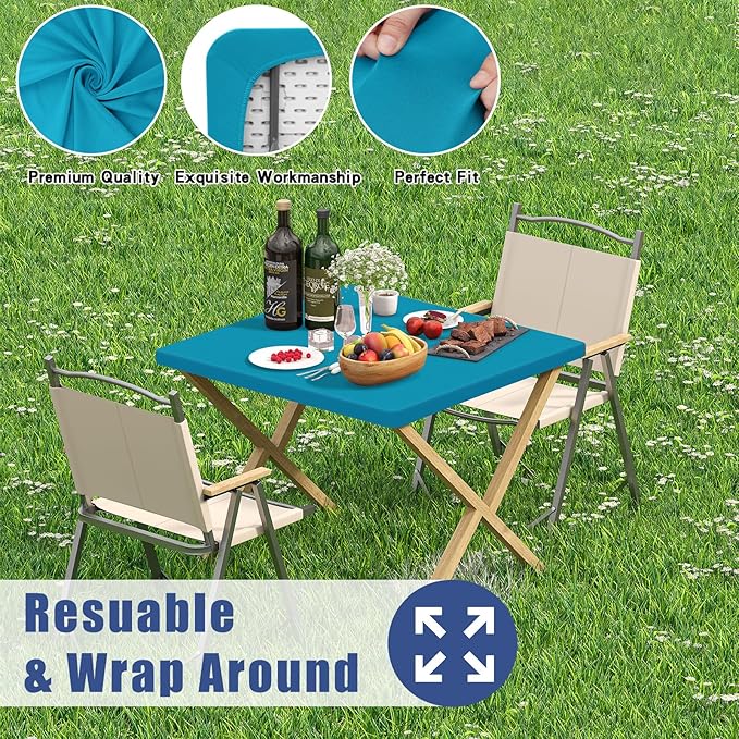 Spandex Picnic Table Cloth 2 Pack, Elastic Fitted Tablecloths for Square Tables, Stretch Washable Patio Table Cover for Outdoor, Camping, Banquet and Parties (Teal, 34"x34")