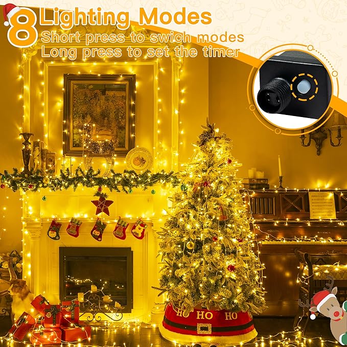 Ollny Christmas Lights Outdoor 200LED 60FT, Warm White Connectable Plug in Fairy Light Indoor, 8 Modes Waterproof Timer Plug in LED String Lights for House Outside Bedroom Patio Balcony