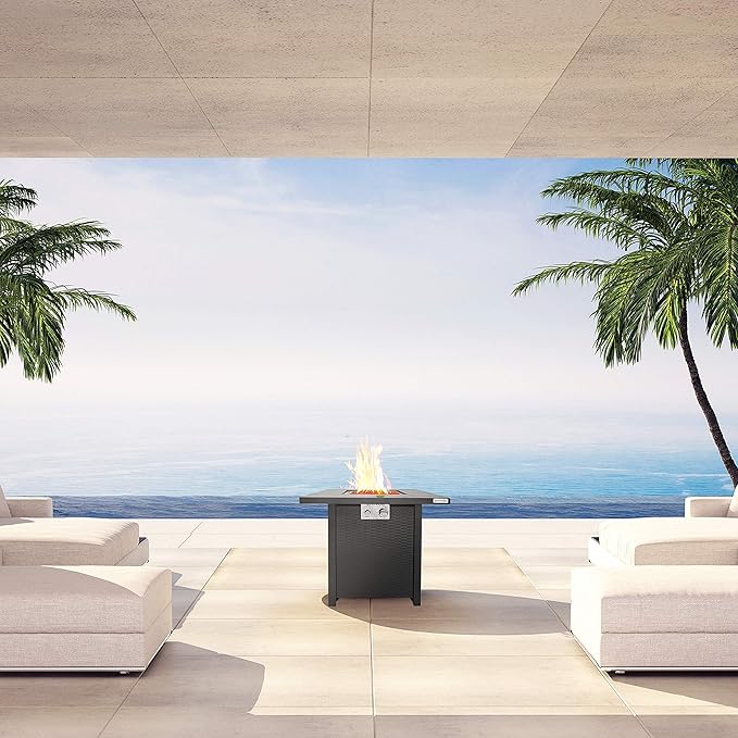 SereneLife Outdoor Propane Fire Pit Table - 40,000 BTU Square Gas Fire Table with Steel Top, Rattan-Style Panels, 6.6 lbs Lava Rock Set, Pulse Ignition for Patio & Backyard Heating, 28 x 28 x 24 in