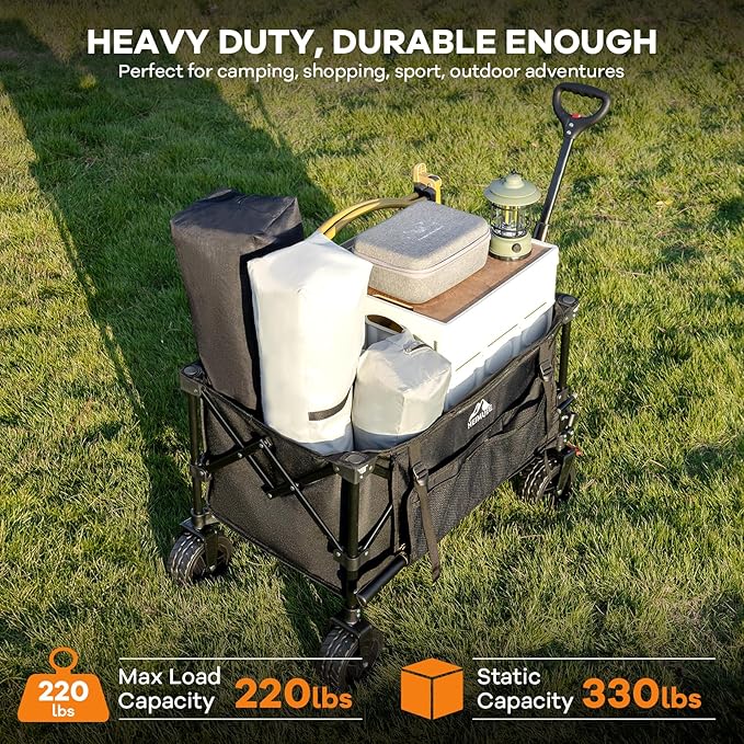 150L Wagon Cart Foldable, Heavy Duty Collapsible Utility Wagon with 220lbs Capacity, All-Terrain Beach Wheels, Portable Garden Cart for Camping, Sports, Outdoor, Shopping, Black