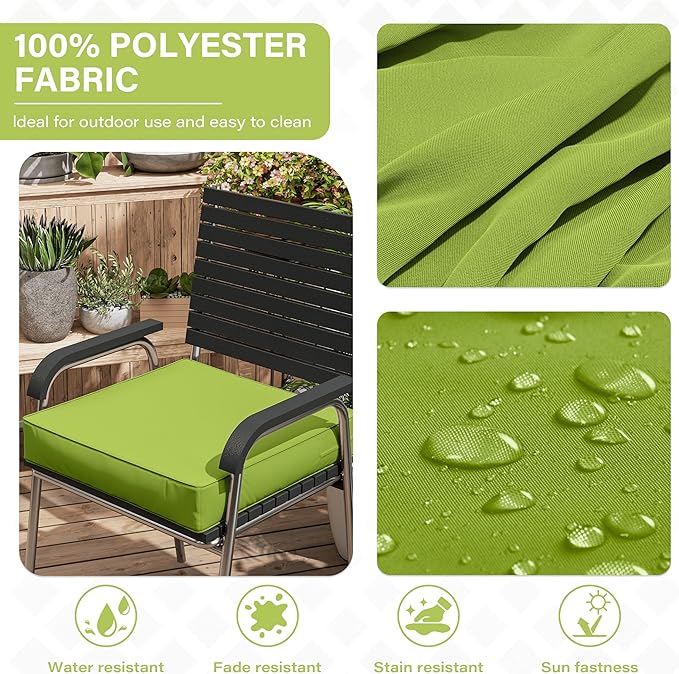 Patio Chair Cushions 22 X 22 X 4 Inch Waterproof Outdoor Seat Cushions for Patio Furniture, Outdoor Sofa Couch Pads with Ties & Handle, Set of 2, Grass Green