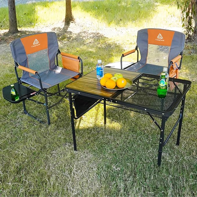 Wide Folding Director Chair with Table, Outdoor Camping Chair for Adults with Cup Holder Load 330 Lbs, Portable Lightweight Chair for Outside with Carry Bag for Patio, Orange-2Pack