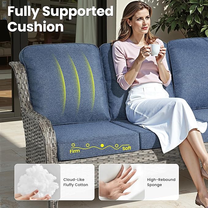 ovios 6 Pieces Patio Furniture Set, Outdoor Wicker Sofas with Glass Coffee Table and Comfy Cushions, All Weather High Back Couch Set for Deck Porch, Grey Rattan, Denim Blue